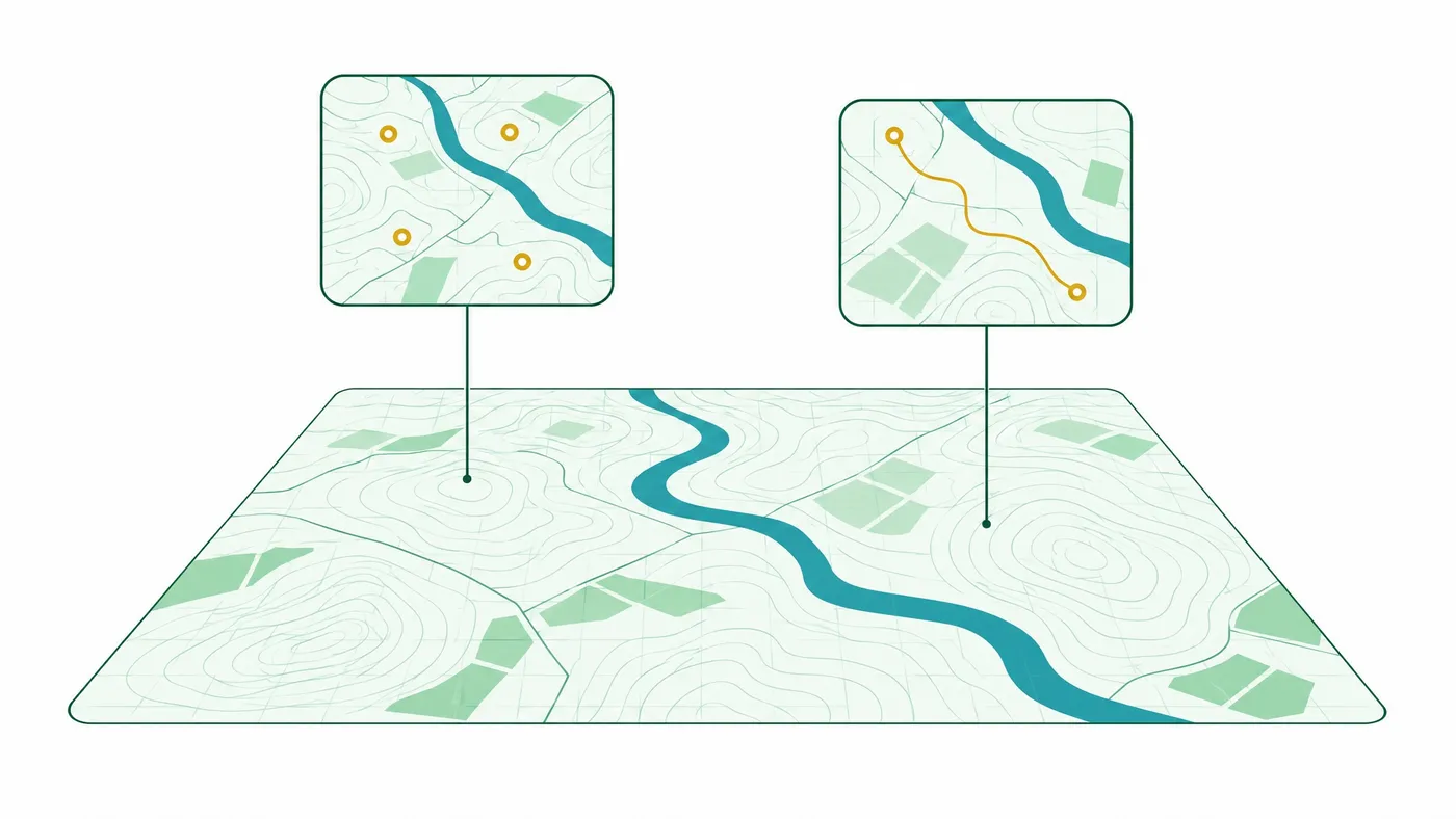 Illustration: eine Karte als gemeinsames Fundament, darüber zwei Anwendungsfenster mit Ausschnitten derselben Karte
